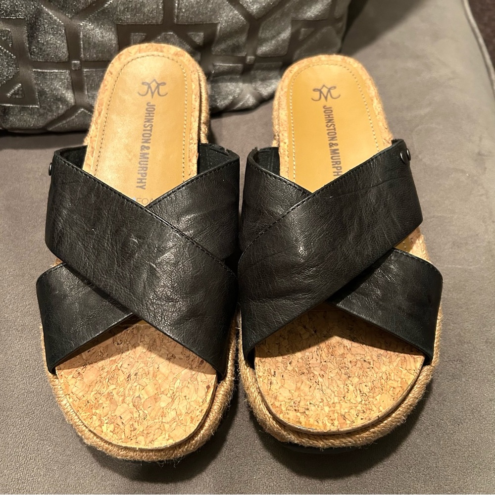 Johnston & Murphy Michelle Cross Strap Slide Womens Size 7M Black Brown